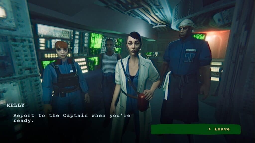 Submarine crew preparing for mission in control room with monitors.