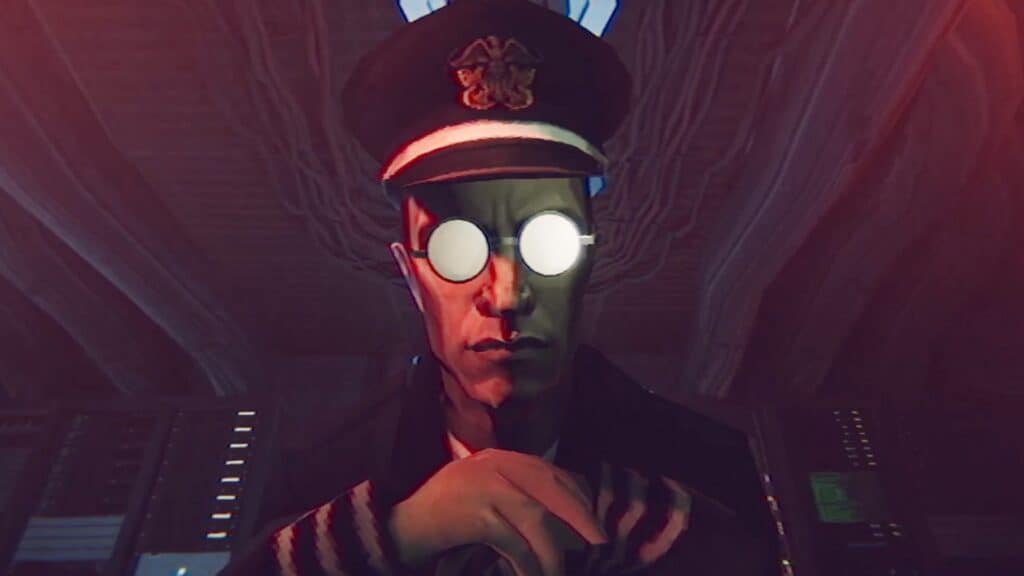 Man in military uniform with glowing eyes in dark submarine setting.