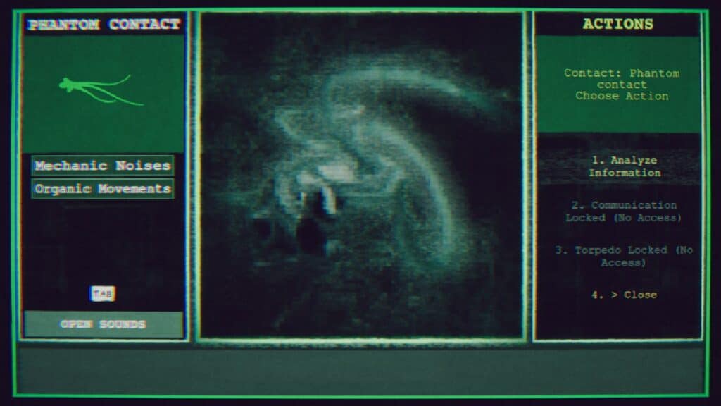 Submarine battling dark horrors in an underwater scene from Bottled Tastes.