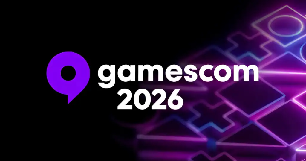 Gamescom 2026 logo with digital gaming graphics background.