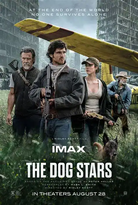 Post-apocalyptic scene from The Dog Stars with characters and a dog in a ruined city.