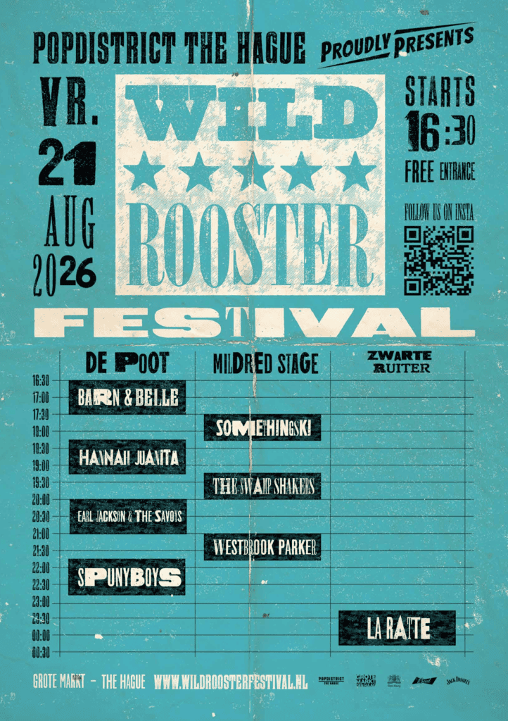 Event poster for Wild Rooster Festival in The Hague with lineup details.