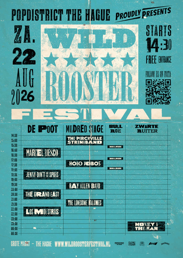 Wild Rooster Festival poster with event details and lineup in blue tones.