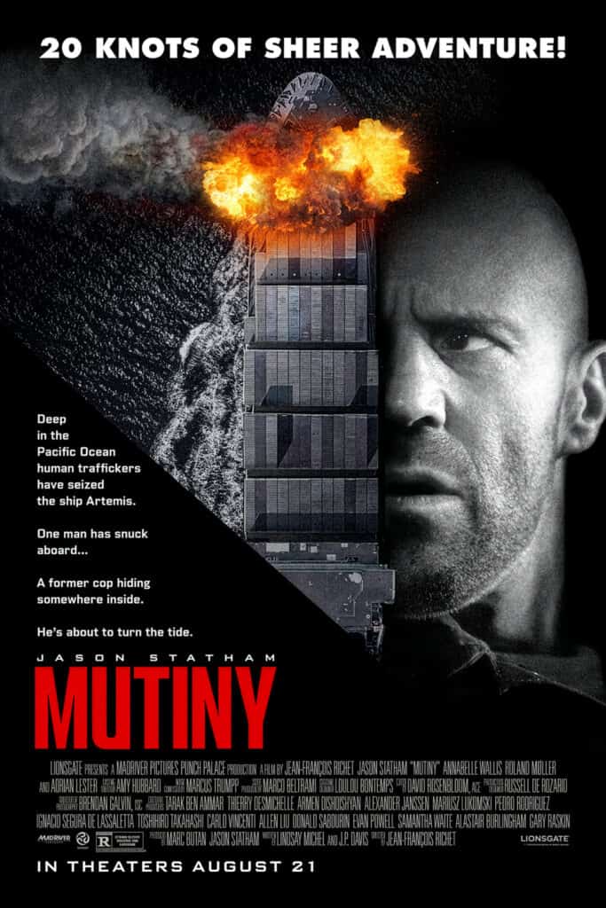 Movie poster for Mutiny featuring a man and explosion, promotional for August release.