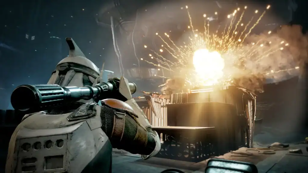 Clonetrooper firing weapon at explosion in a sci-fi battle.