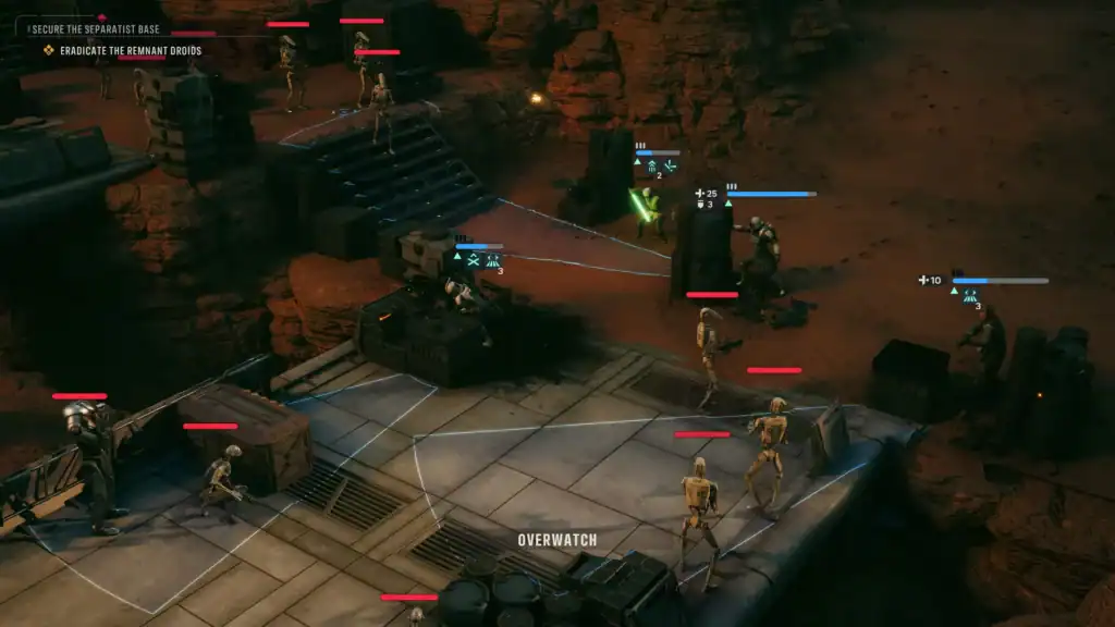 Star Wars squad engaging in combat on a rocky terrain.