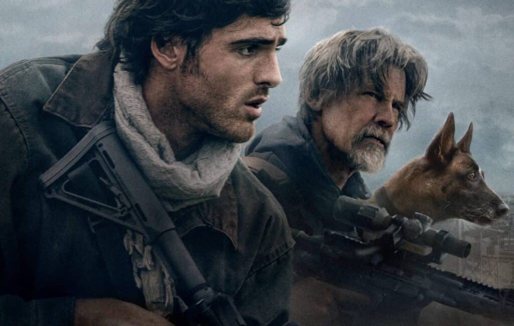 Two men and a dog with rifles in a post-apocalyptic setting.