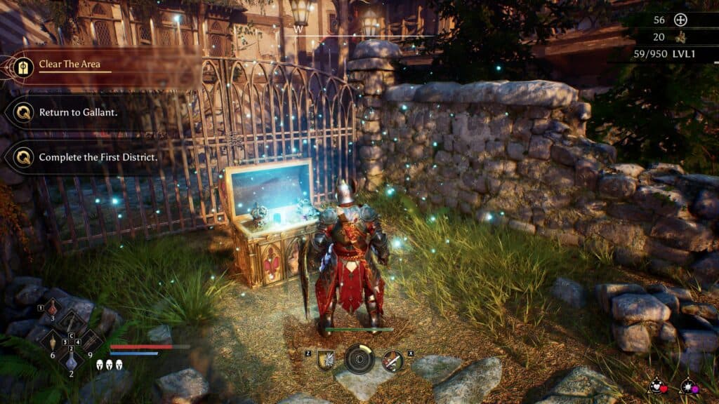 In-game screenshot of a soulslike game with a character near a computer and glowing effects.