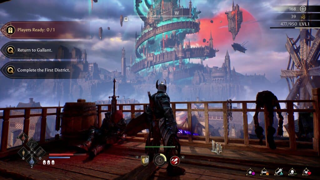 Futuristic city with floating islands and tall towers in a fantasy game scene.